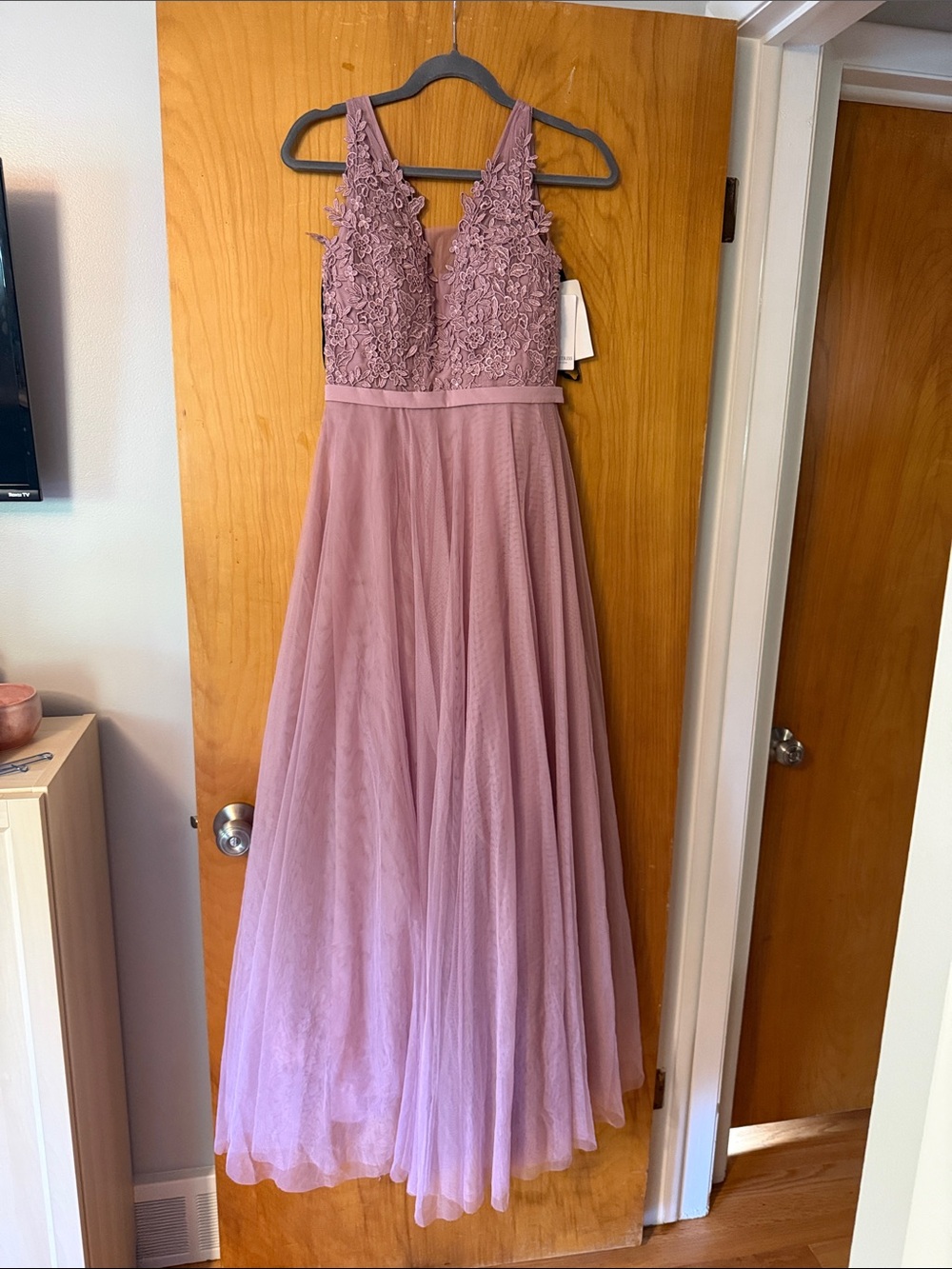 Little Mistress Dusty Mauve Lace Appliqué Tulle Dress